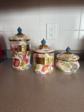 NEW Mackenzie-Childs Floral Canister Set (3) Enamel Storage Tins Kitchen Decor